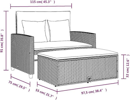 vidaXL 2-Seater Patio Sofa Bench - PE Rattan, Beige, Sofa Bed with Footstool Storage, Cushions with Removable Covers