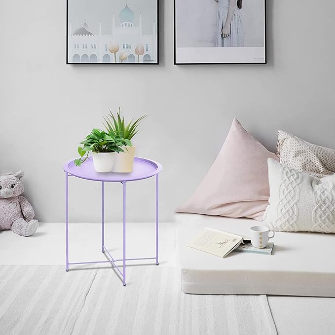 Garden 4 you End Table 2 PCS Metal Side Table Purple Round Folding Tray Cyan Sofa Small Accent Fold-able Table - Photo 2