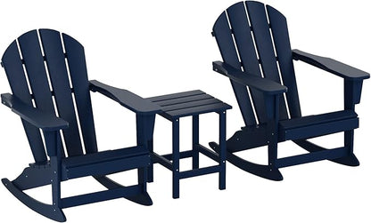 WO WESTIN OUTDOOR HDPE Laguna Outdoor Rocking Poly Adirondack Chair with Side Table 3-Piece Set, Navy Blue