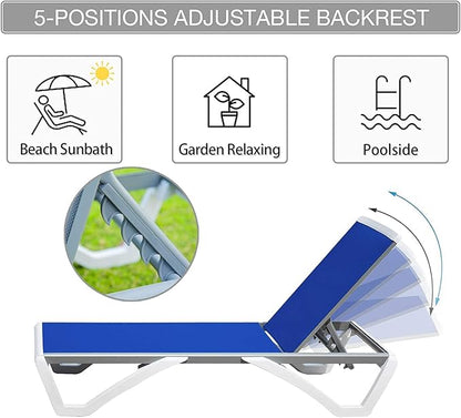 Domi Outdoor Chaise Lounge, Adjustable Aluminum Patio Lounge, Plastic Pool Lounge Chair for Deck Lawn Backyard (1 Blue Chair W/O Table)