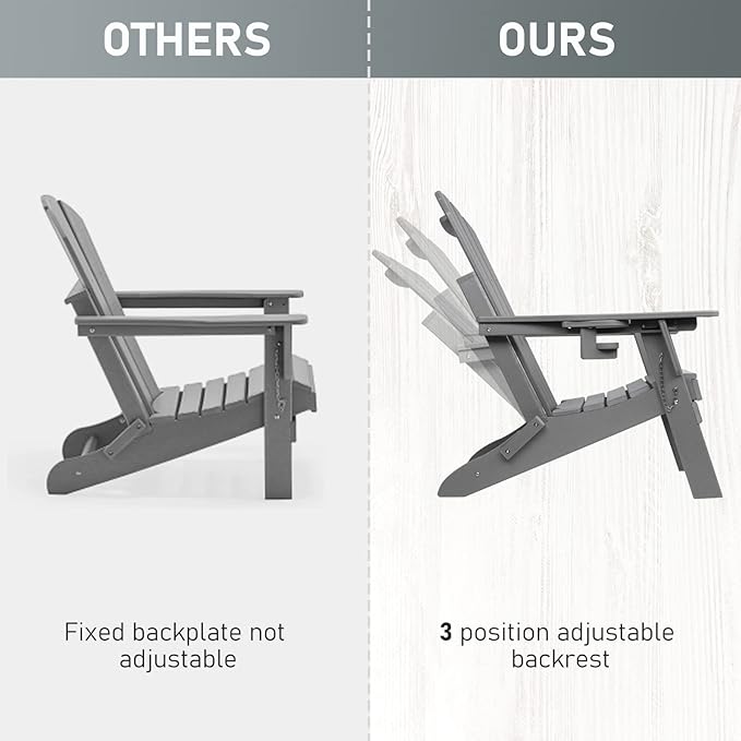 FUNBERRY Folding Adirondack Chairs Set of 2 with Adjustable Backrest, HDPE All Weather Fire Pit Chairs with Cup Holder