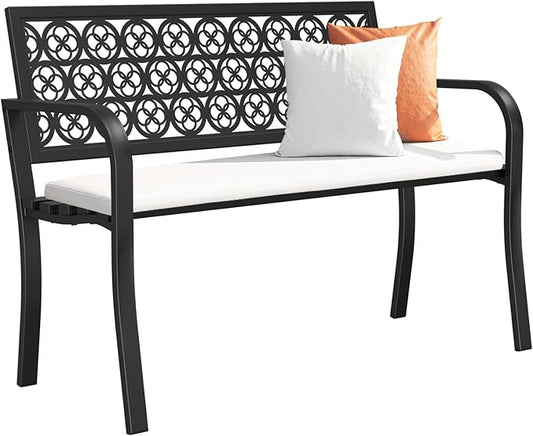 Black Outdoor Bench, Metal Weatherproof Garden Bench Cast Iron Heavy-Duty Patio Bench with Decorative Backrest for Proch Park 880lb Capacity