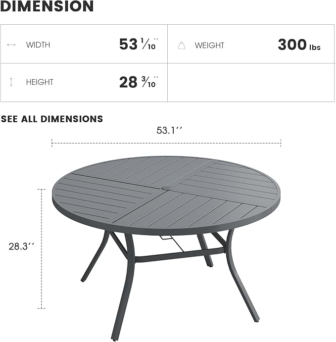 Patio Dining Table for 6-8, Round Metal Outdoor Table with Storage Shelf, 1.57" Umbrella Hole, 53" Outdoor Quartered Tabletop Dining Table for Backyard, Porch, Lawn, Dark Grey