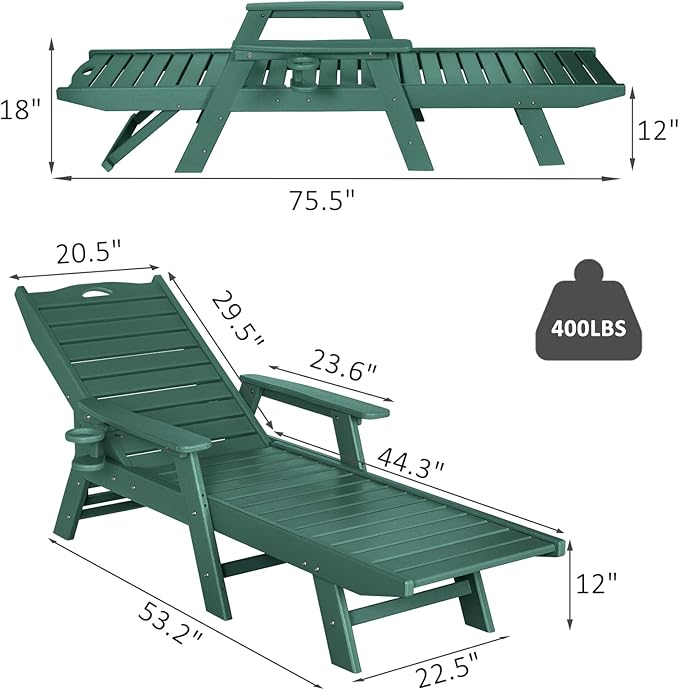 nalone Chaise Lounge Outdoor with 5-Position Adjustable Backrest, HDPE Lounge Chair for Outside Supports Up to 400 LBS, Pool Lounge Chairs for Patio Poolside Deck Beach Backyard (Green)