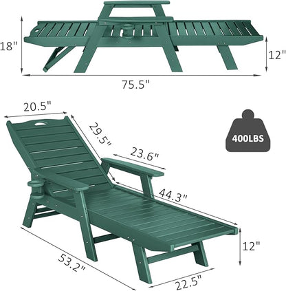 nalone Chaise Lounge Outdoor with 5-Position Adjustable Backrest, HDPE Lounge Chair for Outside Supports Up to 400 LBS, Pool Lounge Chairs for Patio Poolside Deck Beach Backyard (Green)