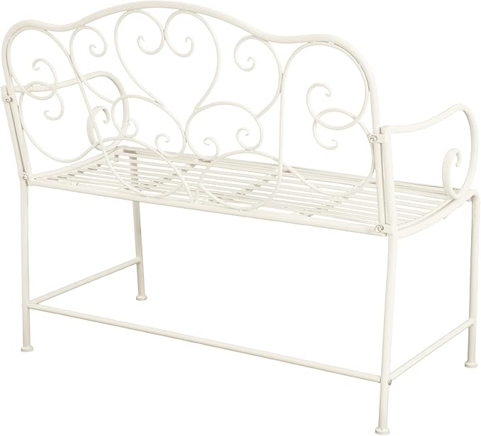 roomfitters Vintage Metal Garden Bench, Elegant Scrollwork Design, Weather-Resistant Outdoor Loveseat, Antique White