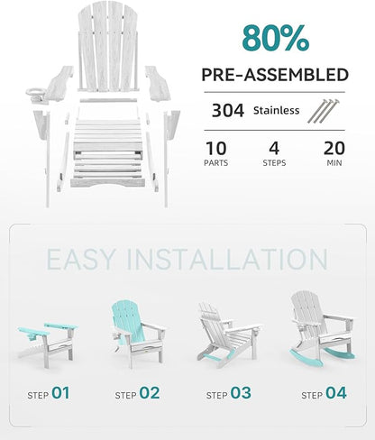 Adjustable Adirondack Rocking Chair with Retractable Ottoman, 4-in-1 Multifunctional Folding Patio Chair with Cup Holder, Outdoor Chair Wood Texture for Lawn,Porch, Backyard,Pool(White)