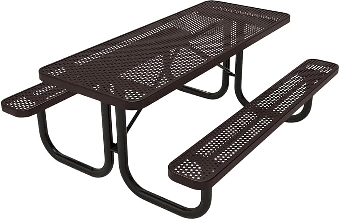 COATEDOUTDOORFURNITURE Heavy-Duty Portable Outdoor Picnic Table, Thermoplastic Coated Punched Steel Commercial-Grade Patio Dining Furniture Made in America (6ft Rectangular, Brown)