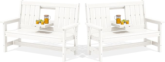 SERWALL Outdoor Bench with Cup Holder, 58" HDPE Garden Park Bench Suitable for 3 Person - Photo 1