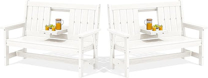SERWALL Outdoor Bench with Cup Holder, 58" HDPE Garden Park Bench Suitable for 3 Person, All Weather Patio Benches with High Backrest and Wide Armrests for Garden, Park, Yard, Front Porch, White