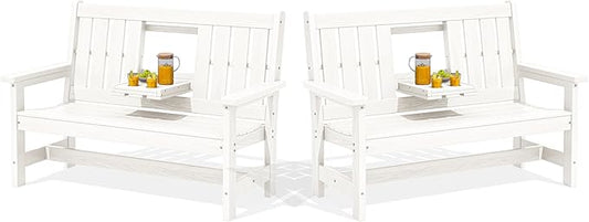 SERWALL Outdoor Bench with Cup Holder, 58" HDPE Garden Park Bench Suitable for 3 Person, All Weather Patio Benches with High Backrest and Wide Armrests for Garden, Park, Yard, Front Porch, White