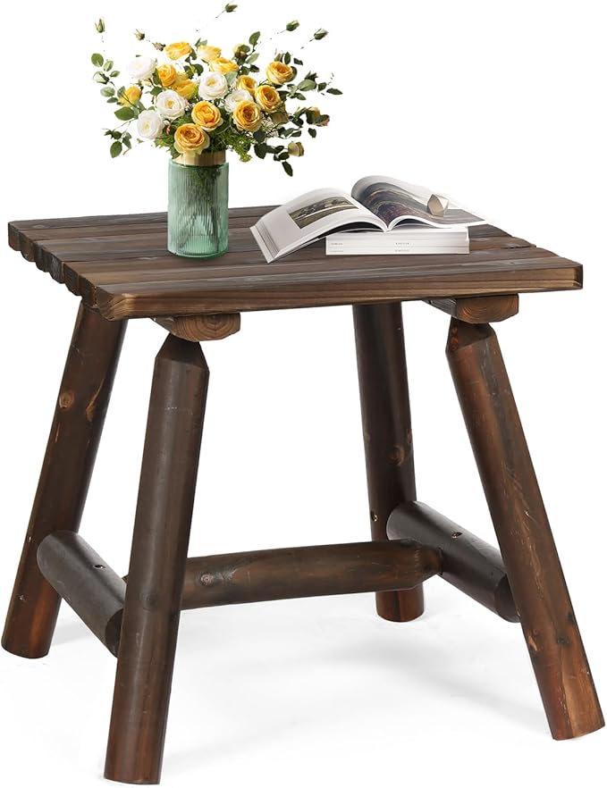 Outdoor Adirondack Log Side Table, 19.5" Thick Wooden Patio Square End Table with Slatted Tabletop - Photo 1