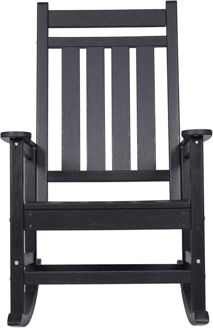 Oversized Rocking Chair with Wood-Texture, Outdoor Rocking Chair for Adults, All Weather Resistant Porch Rocker for Lawn Garden (Black)