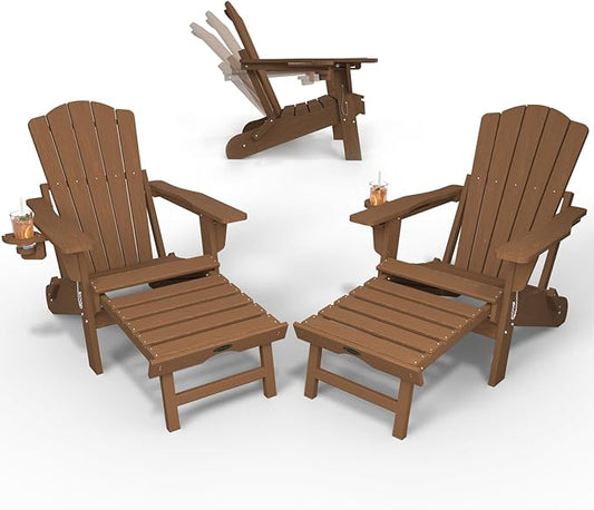 Adjustable Adirondack Chairs with Retractable Ottoman Set of 2, HDEP Folding Adirondack Chair with Footrest & Cup Holder, All Weather Fire Pit Chair for Outdoor,Wood