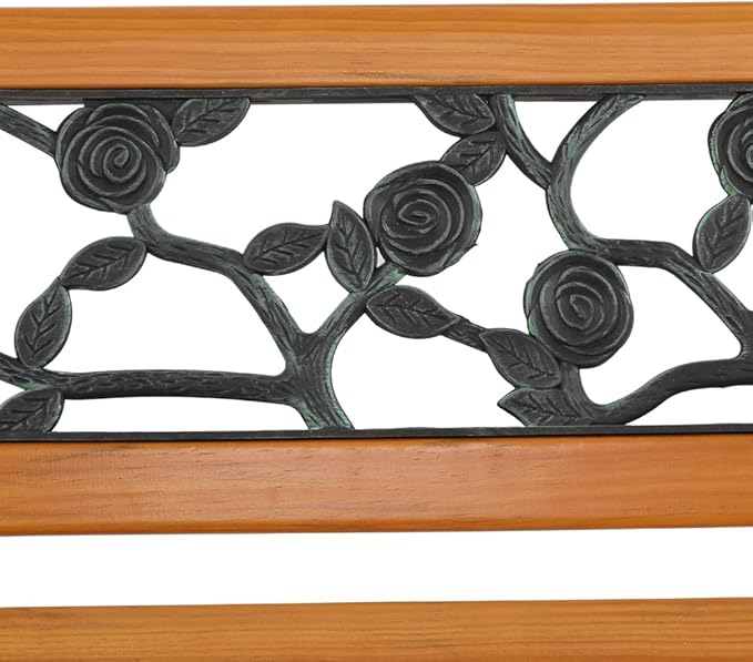 49 inch Outdoor Patio Garden Bench, Metal Park Bench, Cast Iron Bench and Hardwood Weather Resistant Rose Design 330lbs Capacity for Porch, Deck, Patio Seat Bronze Natural Finish