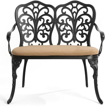 Patio Aluminum Outdoor Bench with Soft Cushion, Garden Metal Loveseat Furniture, Vintage Carving Antique Black Front Porch Chair Seat