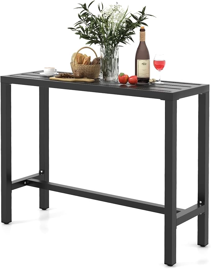 COSTWAY Outdoor Bar Table 48-inch Wide, Narrow Counter Height Dining Table with Waterproof Top and Heavy-Duty Metal Frame, Rectangular Pub Table for Hot Tub Garden Patio Backyard Poolside, Black