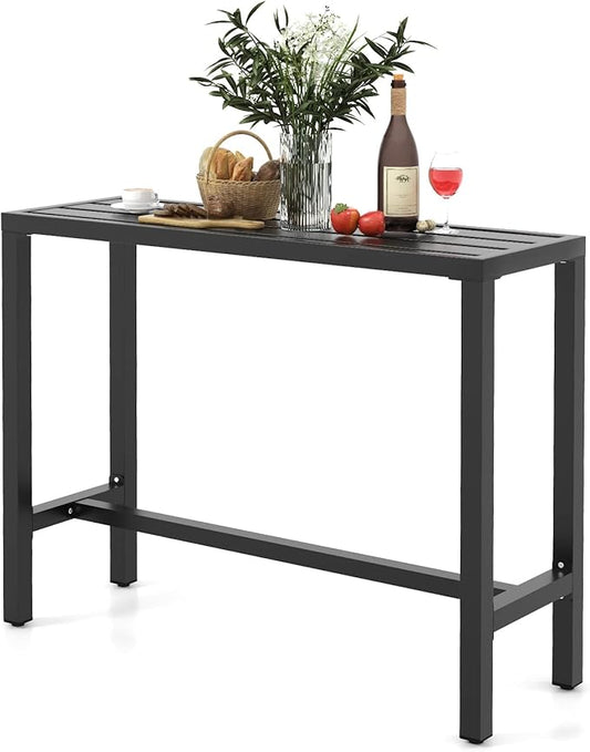 COSTWAY Outdoor Bar Table 48-inch Wide, Narrow Counter Height Dining Table with Waterproof Top and Heavy-Duty Metal Frame, Rectangular Pub Table for Hot Tub Garden Patio Backyard Poolside, Black