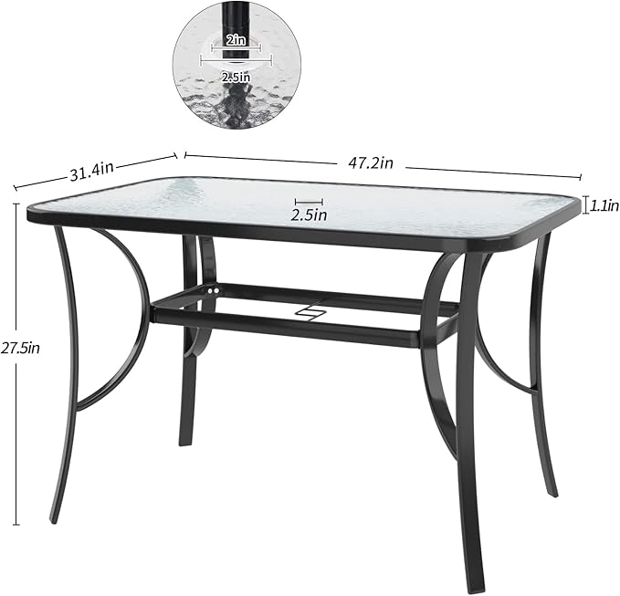 SDHYL 47 Inch Rectangle Tempered Glass Patio Dining Table Patio Table Coffee Table Dining Bistro Table, for Outdoor Garden Balcony Backyard Poolside Lawn, with Umbrella Hole, Black