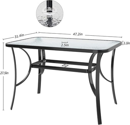 SDHYL 47 Inch Rectangle Tempered Glass Patio Dining Table Patio Table Coffee Table Dining Bistro Table, for Outdoor Garden Balcony Backyard Poolside Lawn, with Umbrella Hole, Black