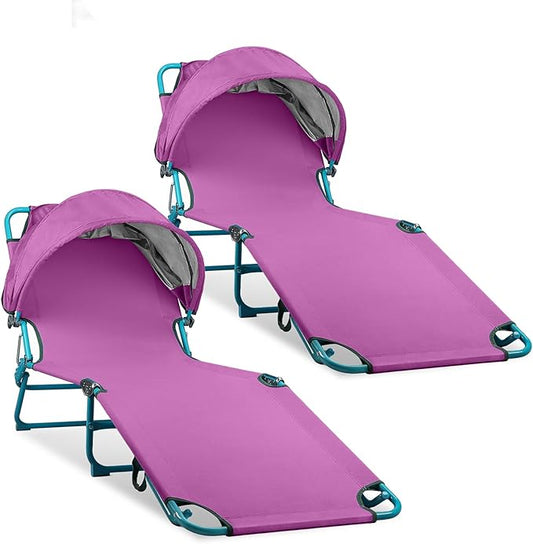 Colorsoul 2 Pack Tanning Chair with Sun Canopy,Adjustable 4-Position Beach Lounge Chair for Adults,Heavy Duty Folding Outdoor Lounge Chair,for Patio Poolside Sunbathing,UPF 50+,300 LBS,Purple