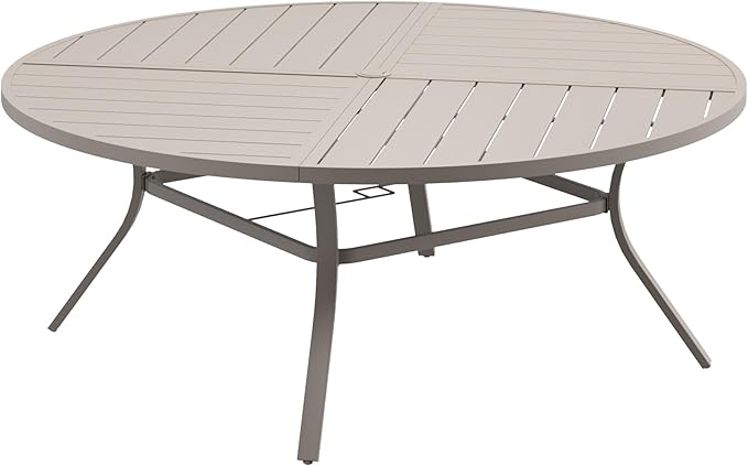 DIFY 63" Round Outdoor Patio Dining Table for 8-10, All-Weather Metal Steel Slatted Patio Table with 1.57" Adjustable Umbrella Hole for Garden, Backyard, Deck, Sandshell