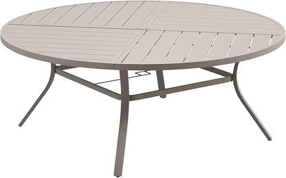 DIFY 63" Round Outdoor Patio Dining Table for 8-10, All-Weather Metal Steel Slatted Patio Table with 1.57" Adjustable Umbrella Hole for Garden, Backyard, Deck, Sandshell