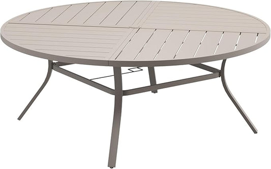 DIFY 63" Round Outdoor Patio Dining Table for 8-10, All-Weather Metal Steel Slatted Patio Table with 1.57" Adjustable Umbrella Hole for Garden, Backyard, Deck, Sandshell
