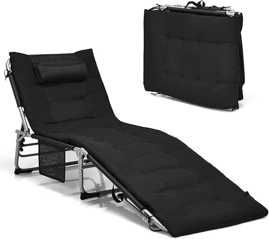 Giantex 2-in-1 Patio Chaise Lounge Chair with Detachable Mattress & Pillow, 4 Adjustable Position, Side Pocket, 330 Lbs Camping Cot, Folding Tanning Chair for Outside, Sunbathing, Pool, Lawn, Beach