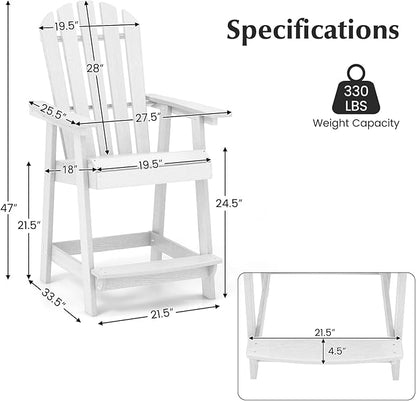 Tangkula Outdoor Bar Stool, HDPE Tall Adirondack Chair with Armrest & Footrest, Weather Resistant 47 Inch Counter Height Barstool Lifeguard Chair for Pool Deck Patio Garden, Balcony Chairs (1, White)