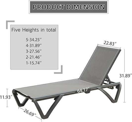 Domi Outdoor Chaise Lounge Set of 2,Pool Lounge Chair,Aluminum Sling Lounge Chairs for Outside with 5 Adjust able Positions (2 Grey Lounges W/O Table)