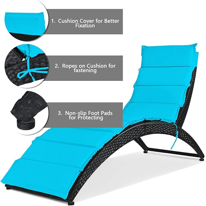 DORTALA Foldable Patio Lounge Chair, Outdoor Rattan Wicker Chaise with Cushion for Backyard Garden Lawn Balcony Poolside - Photo 6