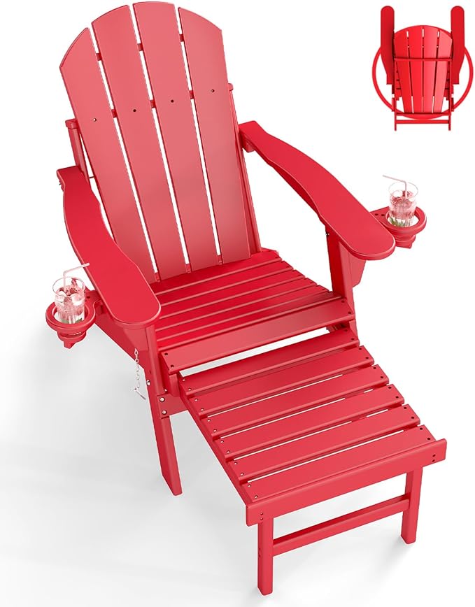 BRIOPAWS Adirondack-Chair-with-Pull-Out-Footrest | Folding | HDPE Plastic | Fire Pit Chairs | All Weather | Cup Holders | Curved Back | Retractable Ottoman | for Outdoor Deck Poolside | Red
