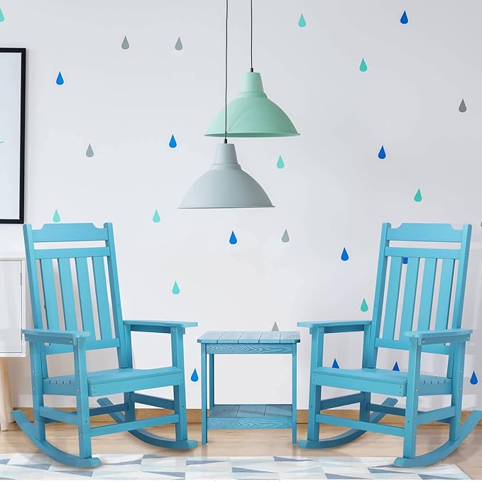 Rocking Chairs Set of 2, All Weather Resistant Poly Lumber Outdoor Porch Rocker, Rocking Chairs for Outdoor, Indoor, Patio, Deck, Garden, Backyard, Load Bearing 380 lbs - Lake Blue