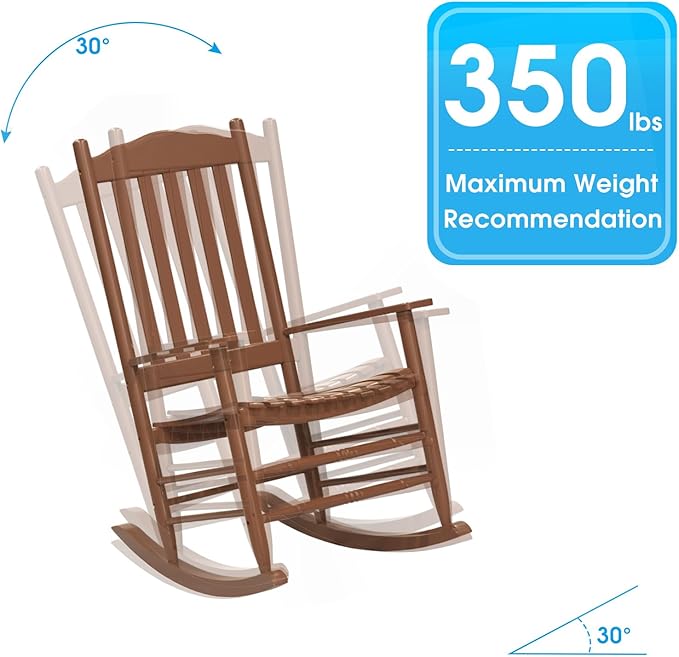 Wooden Rocking Chair Outdoor with 350lbs Weight Capacity All Weather Porch Rockers for Garden, Lawn, Porch, Backyard (1, Brown