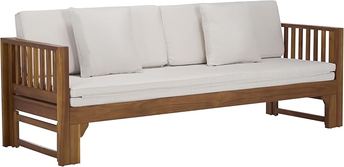 SAFAVIEH Outdoor Patio Furniture Collection - Napoli Brown & Cream Solid Wood Bench Convertible Daybed with Cushions, Versatile Patio Seating (PAT6805A)