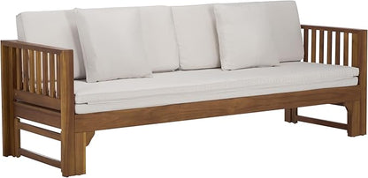 SAFAVIEH Outdoor Patio Furniture Collection - Napoli Brown & Cream Solid Wood Bench Convertible Daybed with Cushions, Versatile Patio Seating (PAT6805A)