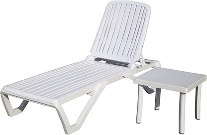 Outdoor Chaise Lounge with Table, Plastic Adjustable Recliner in-Pool Lounger Tanning Lounge Chair with Table for in-Pool, Beach, Poolside, Lawn, White