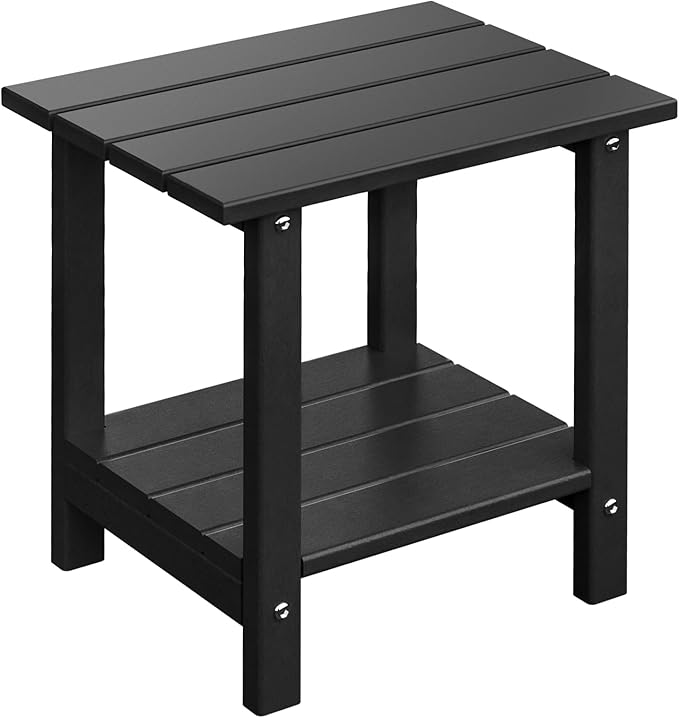 Adirondack Outdoor Side Table, 16.6" Small Patio End Table, 2-Tier HDPE Plastic Table for Poolside Porch Garden, Weather Resistant & Easy Assembly (Black, Rectangle)