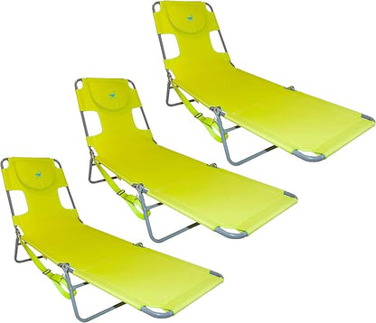 Ostrich Chaise Lounge Outdoor Portable Folding 3 Position Chair for Beach, Patio, Camp, and Pool with Carrying Strap, Neon Green (3 Pack)