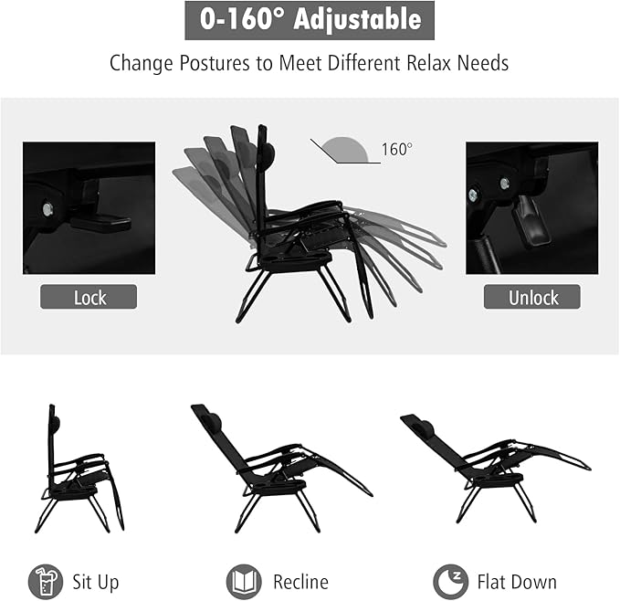 Tangkula Set of 2 Zero Gravity Chair, Folding Patio Lounge Chair Adjustable Outdoor Recliner with Cup Holder - Photo 4