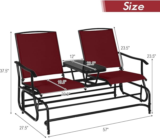 Giantex Outdoor Glider, Rocking Chair with Metal Frame, Center Tempered Glass Table, 2-Person Loveseat, Patio Glider Bench, Outside Swing Chair for Garden Yard Lawn Porch Patio Rocker (Burgundy)
