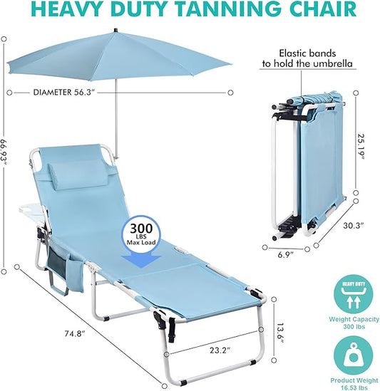Tanning Chair with Umbrella UPF 50+ Adjustable, Heavy Duty Folding Chaise Lounge Outdoor, Lay Flat 5-Position Recliner for Sun Outside Sunbathing Reading Beach Pool Lawn, 300LBS