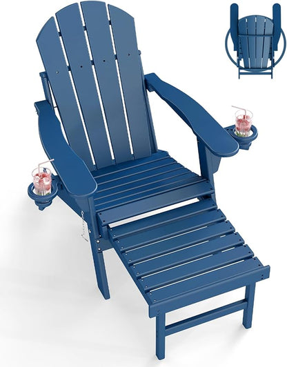 BRIOPAWS Adirondack-Chair-with-Pull-Out-Footrest | Folding | HDPE Plastic | Fire Pit Chairs | All Weather | Cup Holders | Curved Back | Retractable Ottoman | for Outdoor Deck Poolside | Blue