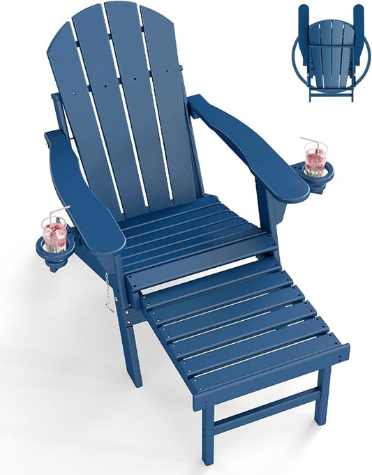 BRIOPAWS Adirondack-Chair-with-Pull-Out-Footrest | Folding | HDPE Plastic | Fire Pit Chairs | All Weather | Cup Holders | Curved Back | Retractable Ottoman | for Outdoor Deck Poolside | Blue