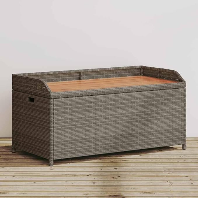 39.4" Rattan Storage Bench, UV-Resistant Grey, Gas Spring Lid, Acacia Frame, Patio/Garden/Indoor Outdoor Seating