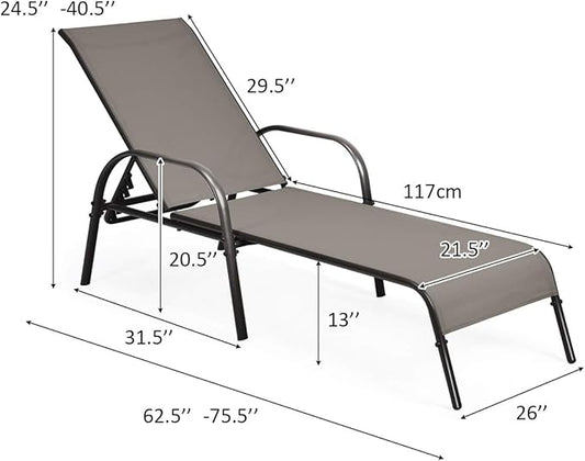 COSTWAY Outdoor Patio Lounge Chair Chaise Fabric Adjustable Reclining Armrest Pool Brown