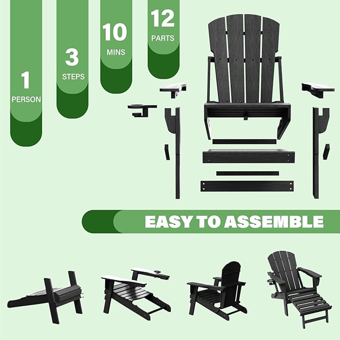 LOUNZY Folding Adjustable Adirondack Chair with Footrest Set of 4,HDPE Recliner Adirondack Chair with Cup Holder for Deck Lawn Fire Pit,Black