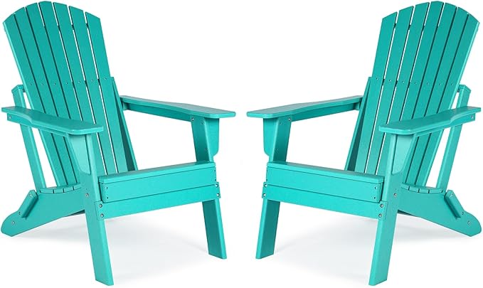 Aoodor Folding Adirondack Chair HDPE Outdoor All-Weather Chair for Patio, Garden, Backyard, Lawn, Fire Pit, Set of 2, Aruba