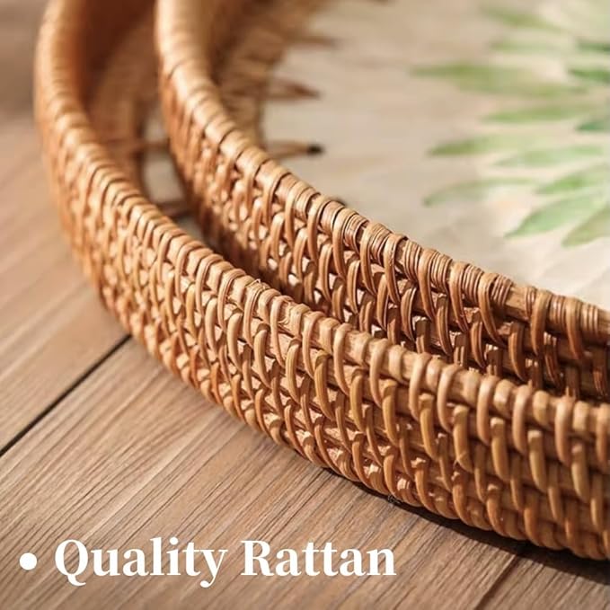 Small Rattan Side Table/Round Coffee Table for Small Spaces, Mini Modern Coffee Table with Shell Design Tray - Photo 5